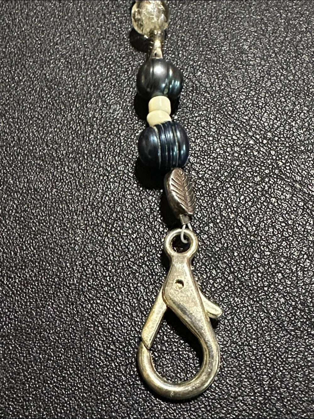 Silver Tone Leaves, Glass, Pearl & White Bead 10” Key Chain/Bag Charm